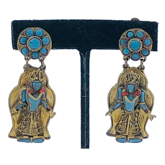Artesian Nepal Hand Crafted Brass Turquoise Coral King Buddha Clip Earrings